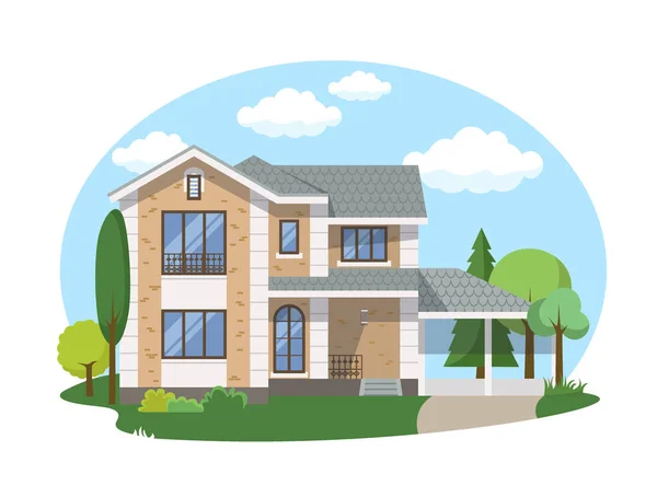 Maison de dessin animé extérieur avec ciel nuageux bleu Front Home Architecture Concept Flat Design Style. Illustration vectorielle du bâtiment de façade — Image vectorielle