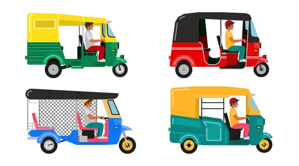 Set Indian motor rickshaw car. Asian tuk tuk. Vector illustration — Stock Vector