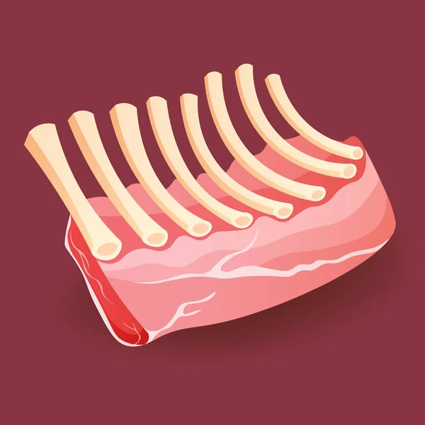 Obearbetat kött - Kalv rack revben på röd bakgrund vektor illustration — Stock vektor