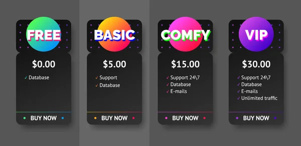 Vector black pricing plan banners infographic template mock up for web. Apresentação de slides de marketing. Infográficos de conceito de rótulos de negócios. 4 opções, peças, etapas, processos. —  Vetores de Stock