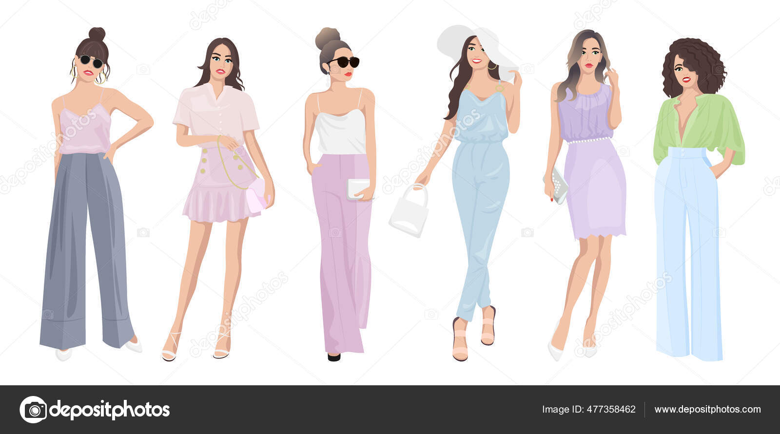 Conjunto de mujeres vestidas con estilo de moda color pastel verano primavera  ropa 2021 - moda estilo calle vector, gráfico vectorial © MarySan_ imagen  #477358462