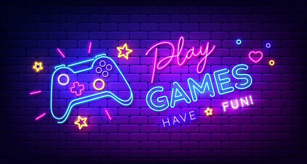 Play Games have fun neon sign with game pad, bright signboard, light banner. Game logo neon, emblem. Vector illustration — стоковый вектор