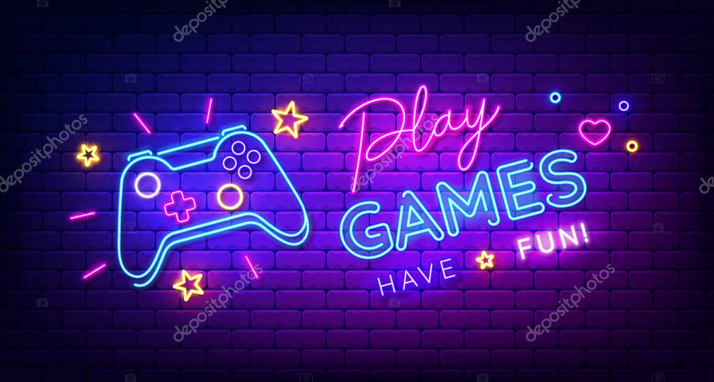 Play Games have fun neon sign with game pad, bright signboard, light banner, emblem. Vector illustration