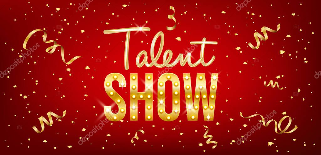 Talent show banner, poster, gold inscription on red curtain with serpentine ribbons, advertising or invitation, event, vector illustration