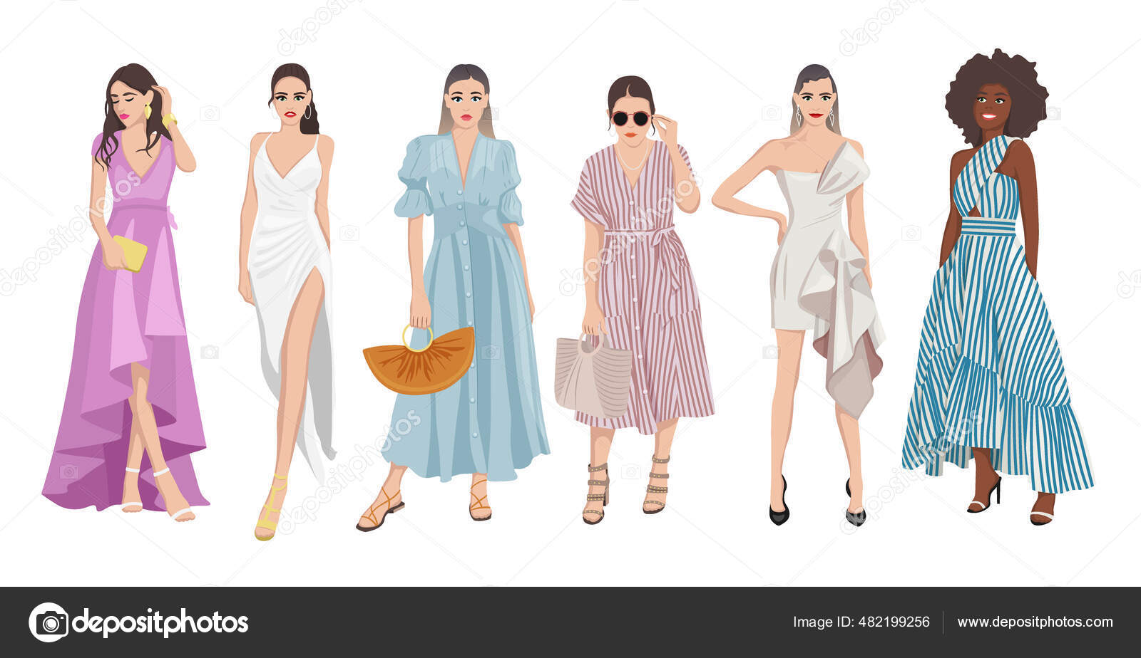 Sæt af kvinder klædt i stilfulde trendy pastel sommer foråret prom kjole 2021 - mode street stil Stock-vektor af ©MarySan_ 482199256