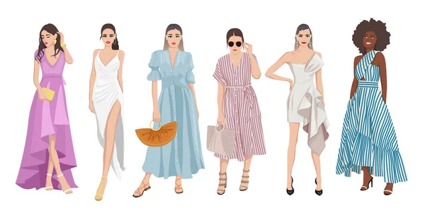 Conjunto de mulheres vestidas com elegante cor pastel verão primavera vestido de baile 2021 moda estilo de rua — Vetor de Stock