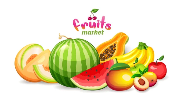 Berg exotischer Früchte auf weißem Hintergrund, Logo und Banner des Obstmarktes, Vektorillustration. — Stockvektor