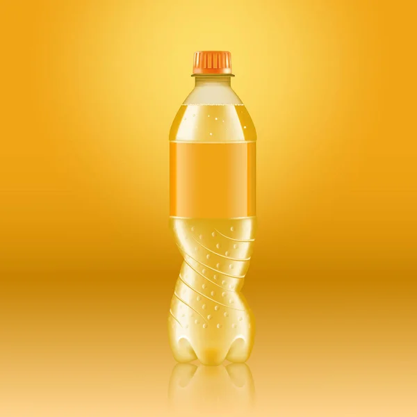 Gerçekçi soda limonata şişesi, sarı etiketli ve yerden yansıyan sarı etiketli, vektör illüstrasyonlu. Büyük format reklamları, reklam panoları ve posterler için uygundur — Stok Vektör