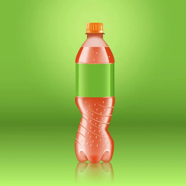 Realistische frisdrank limonade fles mock up met groene label geïsoleerd op groene achtergrond weerspiegeld van de vloer, vector illustratie. Geschikt voor advertenties, billboards en posters op groot formaat — Stockvector