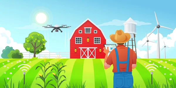 Agricultura inteligente - um agricultor usando um computador tablet para controlar um drone, monitor e estatísticas de crescimento de culturas nos campos, sensores para medir a umidade do solo, usina eólica, ilustração vetorial. — Vetor de Stock