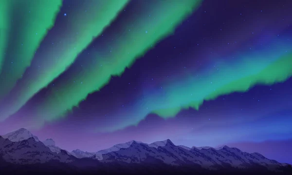 Schneeberge und Nordlichter Landschaft mit Sternen, Sternenhimmel mit Polarlichtern, Berg im Nebel, Vektorillustration — Stockvektor