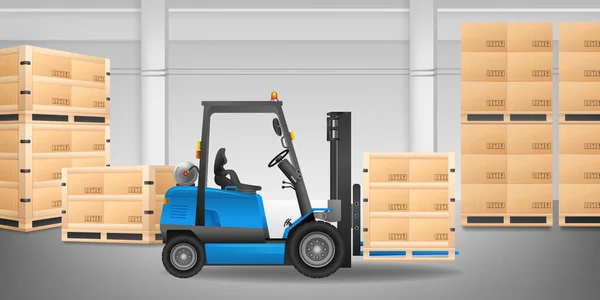 Chariot élévateur dans un entrepôt avec de nombreuses boîtes sur une illustration vectorielle de palette. — Image vectorielle