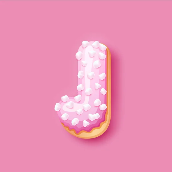 Donut icing pink upper latters - J Fuente de rosquillas. Alfabeto dulce panadería. Alfabeto de rosquilla último J aislado sobre fondo rosa, ilustración vectorial — Vector de stock