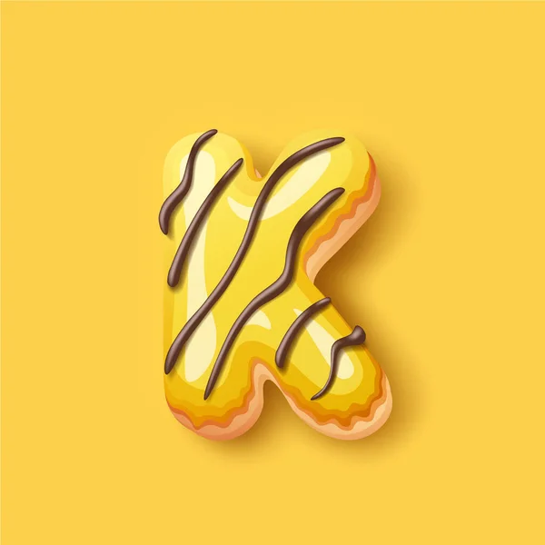 Donut icing yellow upper latter - K Fuente de rosquillas. Alfabeto dulce panadería. Alfabeto de rosquilla último K aislado sobre fondo amarillo, ilustración vectorial — Vector de stock