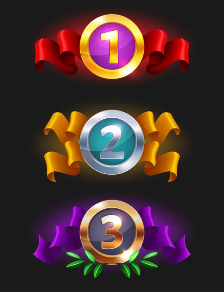 1,2,3 hely érmek ikon - Játékminősítő ikonok érmekkel. Szint eredmények vektor ikon design játék, ui, banner, design alkalmazás, interfész, játékfejlesztés, játék rések és rulett — Stock Vector