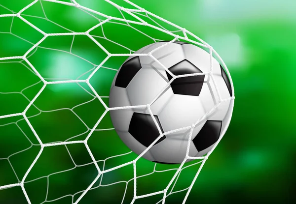 Pallone da calcio realistico nella rete gol sullo sfondo erba verde, illustrazione vettoriale — Vettoriale Stock
