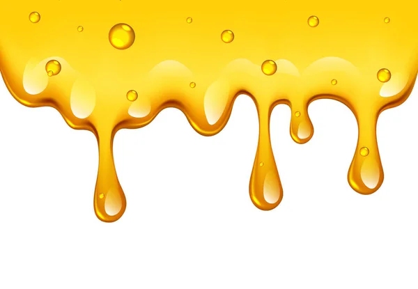 Realistico bordo dorato gocciolante miele su sfondo bianco, illustrazione vettoriale — Vettoriale Stock