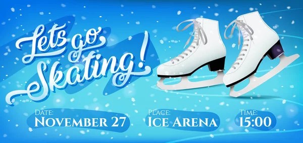 Vamos a patinar volante con un par de patines de hielo clásicos blancos sobre fondo de hielo azul, plantilla de vector. — Archivo Imágenes Vectoriales