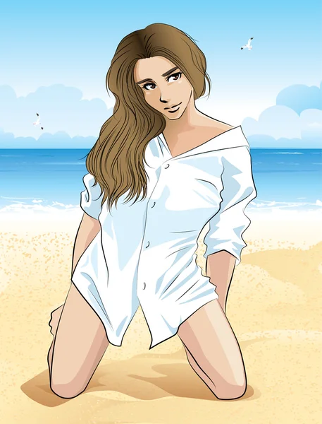 Het tjej på en strand. vektor illustration — Stock vektor