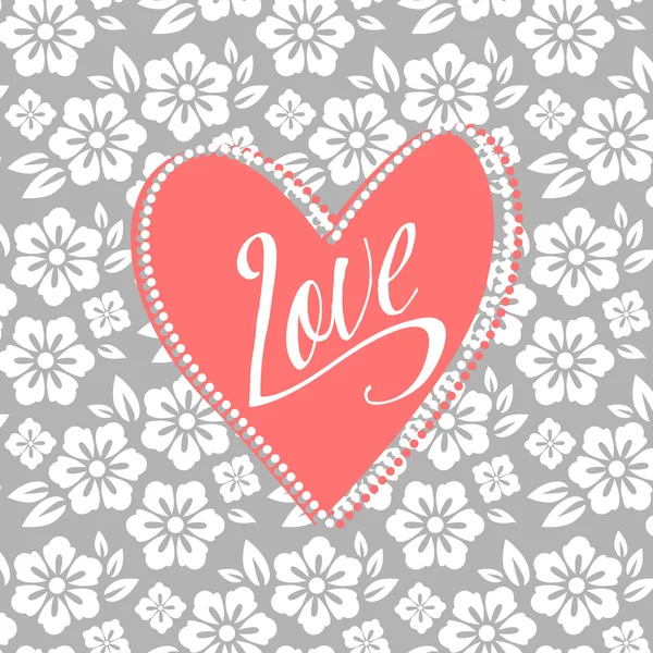 Vykort med turkosa hjärta på vitt blommönster. Bröllop kort. Tecken på kärlek. Seamless mönster inuti — Stock vektor