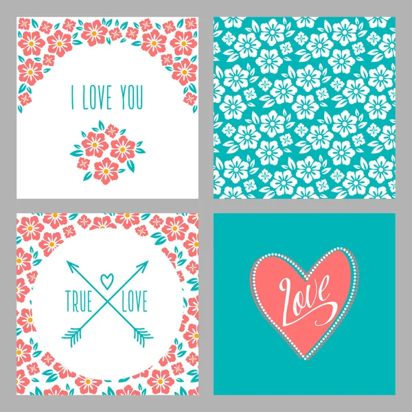 Set of Flower wedding invitation cards and 4 patterns, greeting, true love, i love you sign. Folk style — Stock Vector