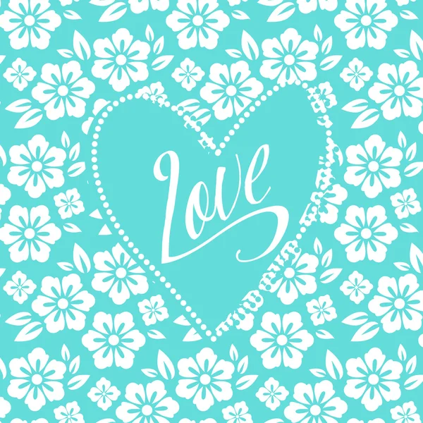 Ansichtkaart met turquoise hart op wit bloemmotief. Bruiloft kaart. Teken liefde. Naadloze patroon binnen — Stockvector