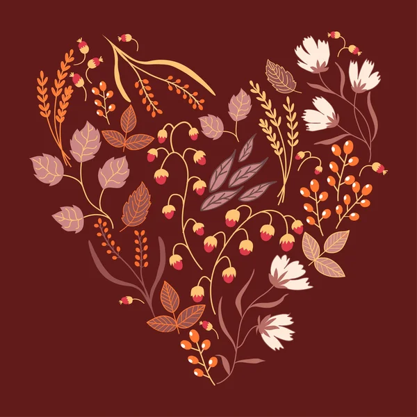 Jesień karta kwiatowy. Jesieni Jesienne liście w kształcie serca. Natura symbol wektor zbiory — Wektor stockowy