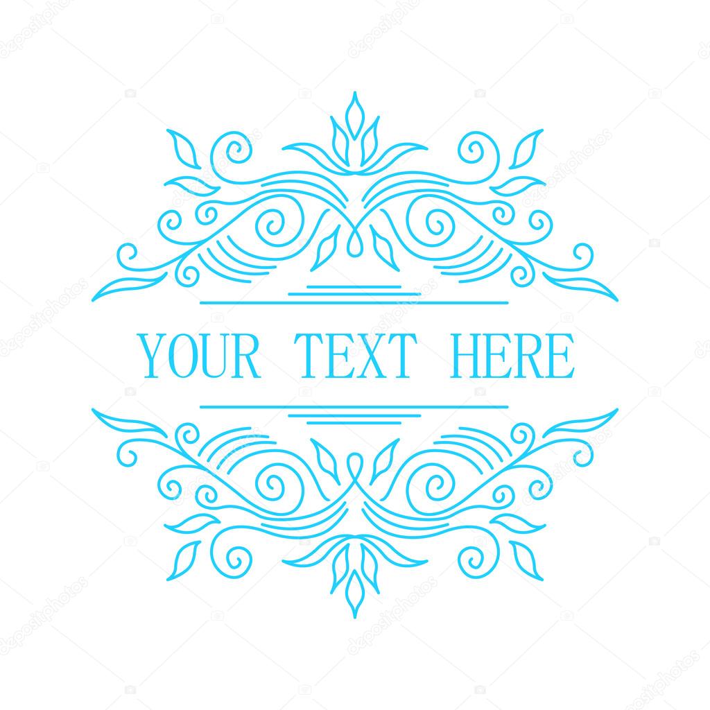 Elegant blue floral frame. Lineart vector illustration with text on white