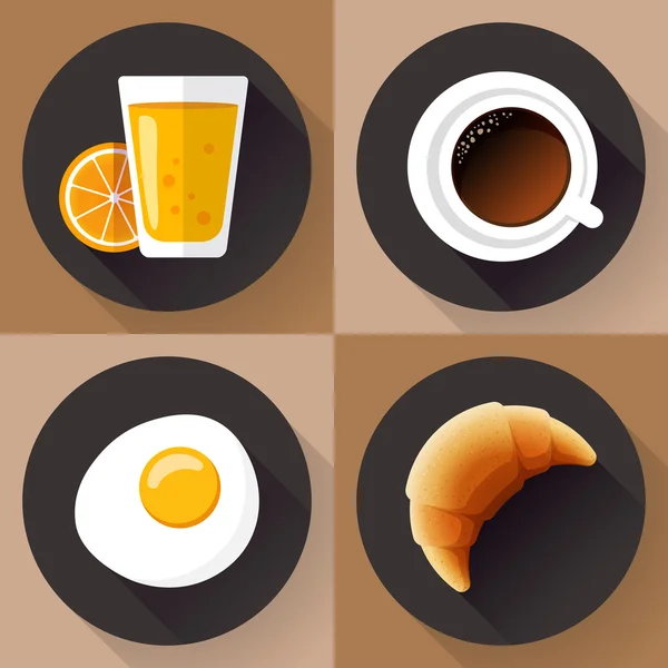 Reggeli ikon készlet. Pohár gyümölcslé, kávé, tojás és croissant-t tartalmaz. Lapos kialakítású stílusú. — Stock Vector