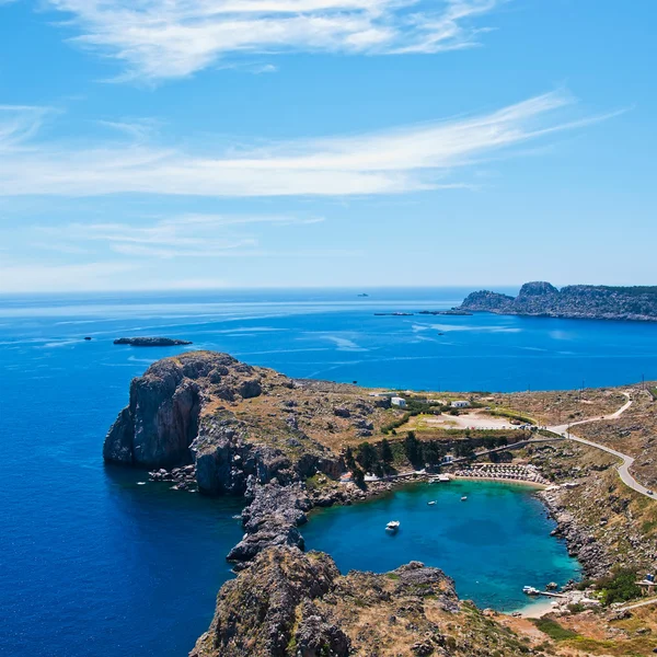 Görünümde St Pauls Bay Lindos, Rhodes, Yunanistan