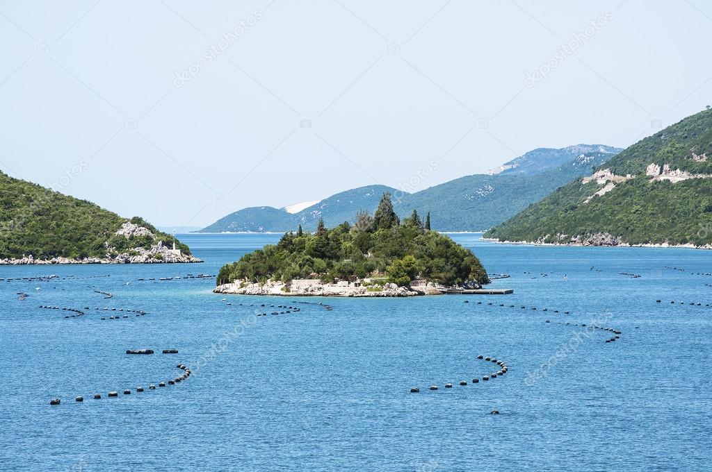 Oyster Farm and island in Adriatic Sea near Dubrovnik, Croatia