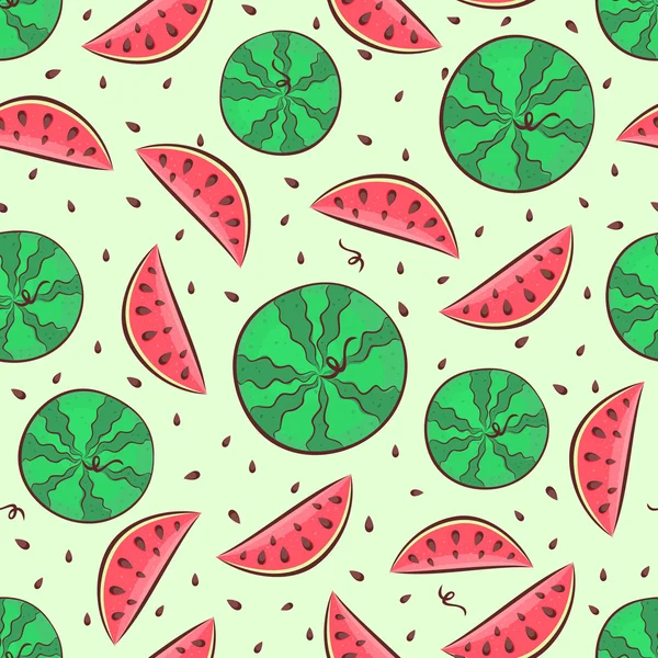 Wassermelone nahtloses Muster mit ganzen Wassermelonen, Scheiben und Samen — Stockvektor