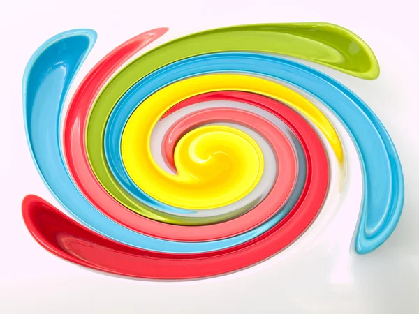 Light blue, green, yellow and pink twirling strips abstract back — Stock Photo, Image
