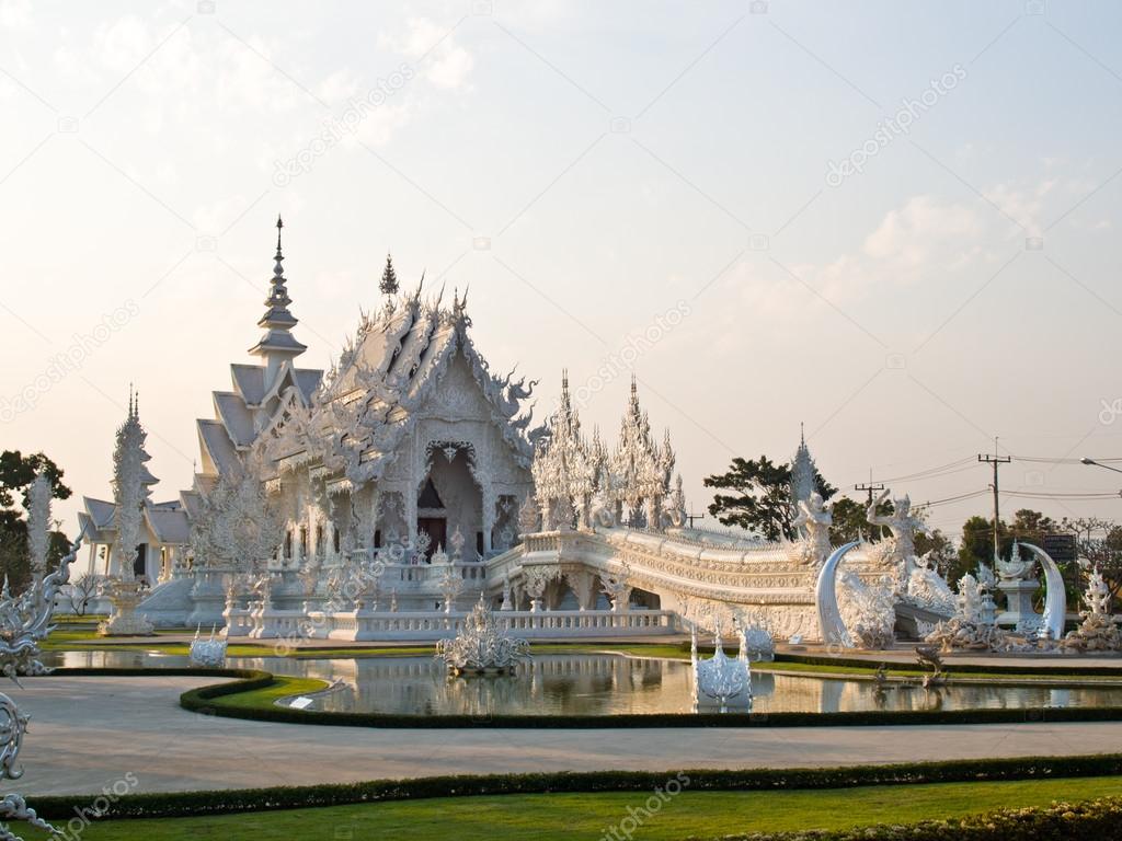 White temple, Wat Rong Khun, in the evening in Chiang Rai, Thailand