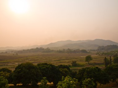 Çeltik alan ve gün batımı görünümünde dağlık: chiang rai, Tayland
