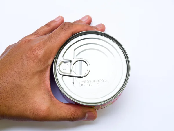 Il cibo può in mano isolato su sfondo bianco — Foto Stock