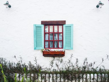 beyaz duvar ahşap panjur ışık yeşil camda Çiçeklik ve çim ile açıldı