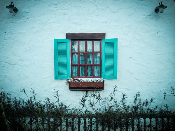 Janela verde claro obturador de madeira aberta na parede branca com canteiro de flores e grama — Fotografia de Stock