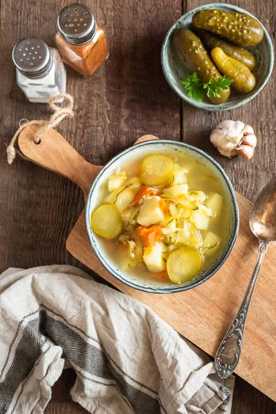 Pickled cucumber soup with vegetables on a wooden background — Stock Image Pickled Cucumber Soup Vegetables Wooden Background Royalty Free Stock Photos