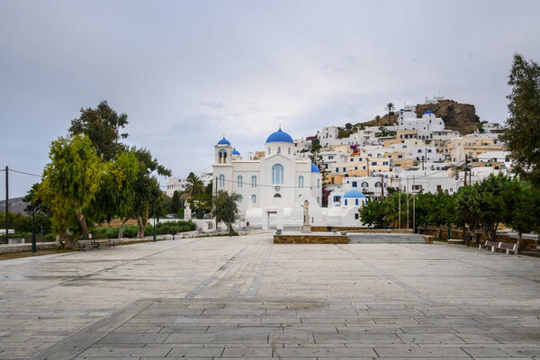 Cathedral church in the centre of the main village of Chora on island of Ios. Cyclades, Greece