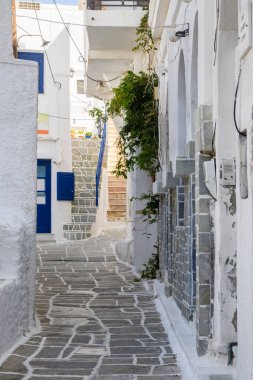 Ios Adası 'nın başkenti Chora' da bir sokak. Geleneksel Kiklad mimarisi. Yunanistan