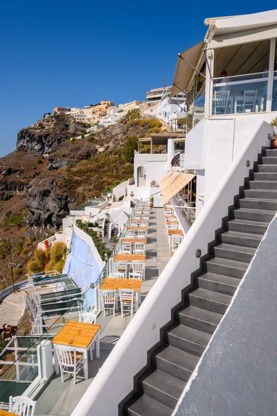 Santorini Greece September 2020 Greek Seafront Restaurant Fira Santorini Island — Stock Photo, Image