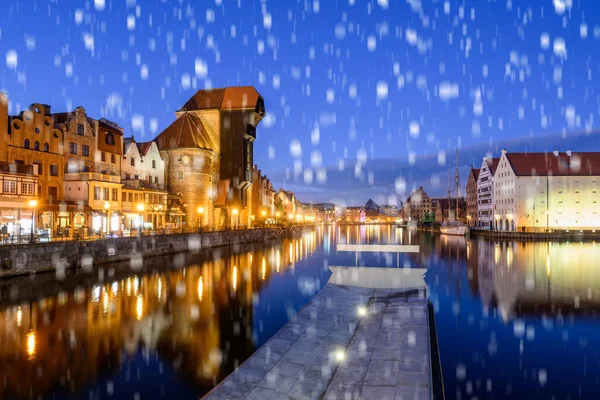 Winterlandschaft Des Flusses Motlawa Und Danzig Bei Nacht Polen Europa — Stockfoto