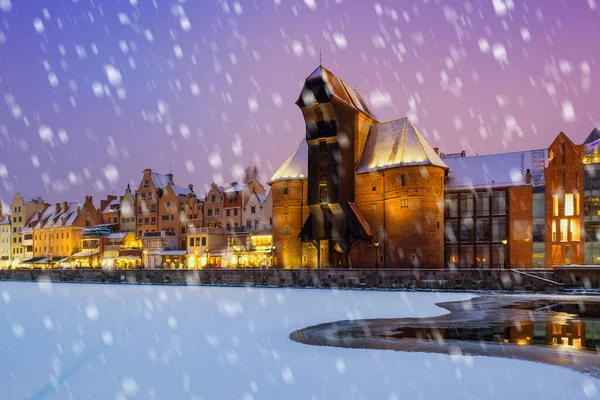 Téli Táj Motlawa Folyó Gdansk Éjjel Lengyelország Európa — Stock Fotó
