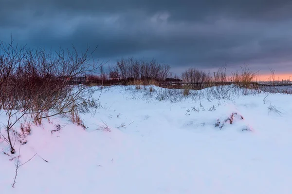 Dunes Enneigées Coucher Soleil Paysage Hivernal Jastarnia Sur Côte Péninsule — Photo