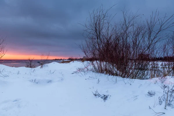 Dunes Enneigées Coucher Soleil Paysage Hivernal Jastarnia Sur Côte Péninsule — Photo