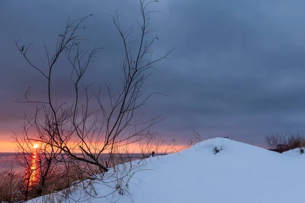 Dunes Enneigées Coucher Soleil Paysage Hivernal Jastarnia Sur Côte Péninsule — Photo