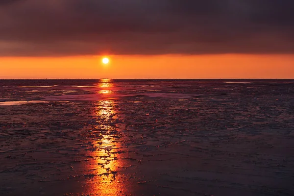 Зимний Закат Над Балтийским Морем Люди Снежном Пляже — стоковое фото