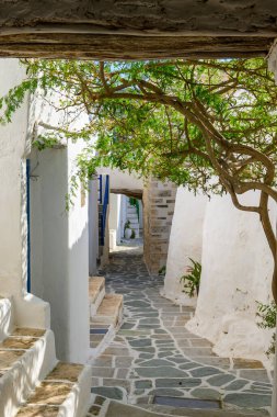 Castro 'daki Narrowi Caddesi (Kastro), Folegandros adasındaki Chora kasabasının en eski yeri. Cyclades, Yunanistan
