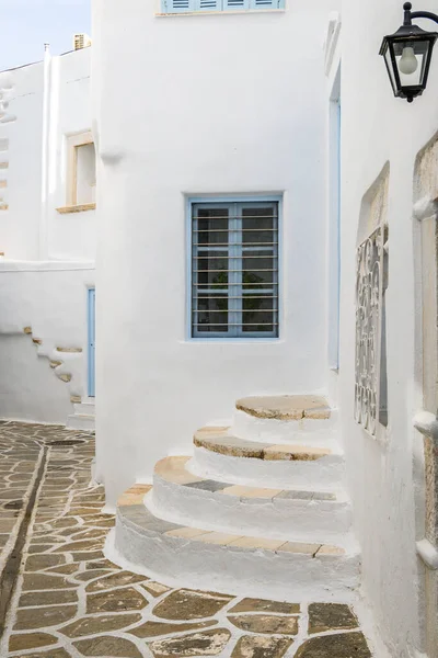 Typical Greek House Blue Window Whitewashed Street Beautiful Parikia Old — Stock Photo, Image